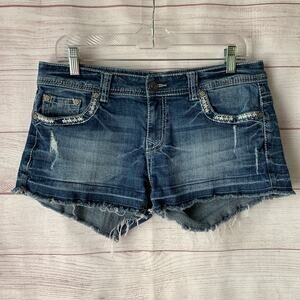 Shyanne Distressed Denim Jean Shorts Cutoffs Embroidered Jewel Detail Size 30